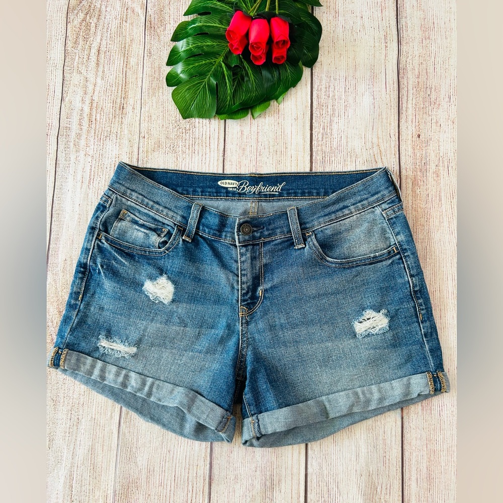 Old Navy Women’s Distressed Medium Wash Cuffed Boyfriend Fit Denim Shorts